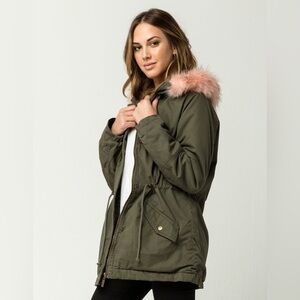 Olive faux fur trim fleece lined parka hooded jacket